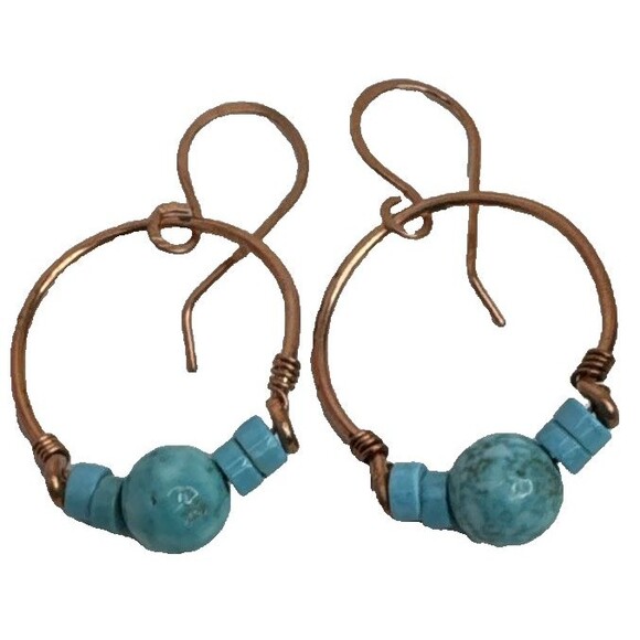 Copper And Turquoise Gemstone Half Hoop Earrings Handcrafted Made In USA Boho - Picture 4 of 7